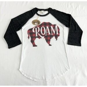 New T-Shirt Made In Texas Rockin AB Red Buffalo Roam Check 3/4 Sleeve Women's XS